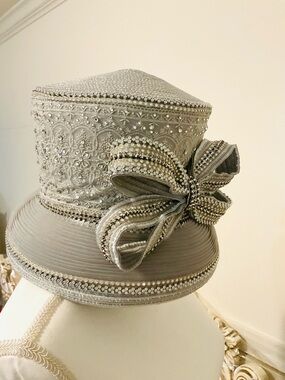 Elegant Women's Silver Embellished Formal Hat with Bow